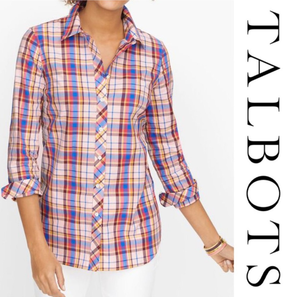 Talbots Classic Button Down Shirt Wild Plaid Multicolor Pink Blue XL Petite NWT